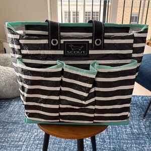 SCOUT Black and White Striped Pickleball Tote with Aqua Accents